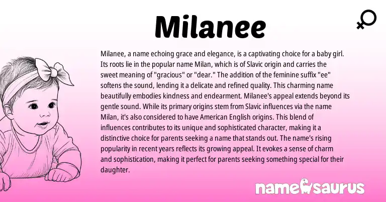 Infographic about Milanee name meaning, Milanee is a name from Indian, Slavic origin(s).