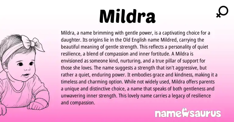 Infographic about Mildra name meaning, Mildra is a name from English origin(s).