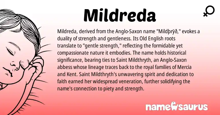 Infographic about Mildreda name meaning, Mildreda is a name from Old English, Anglo-Saxon origin(s).