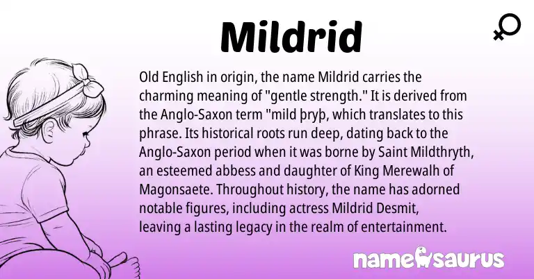 Infographic about Mildrid name meaning, Mildrid is a name from Old English, Anglo-Saxon origin(s).