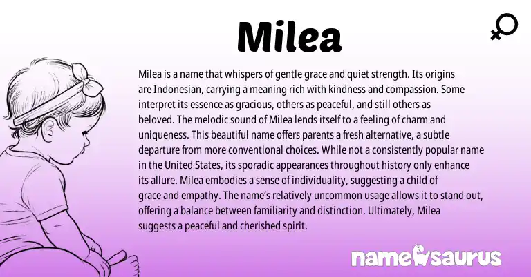 Infographic about Milea name meaning, Milea is a name from Greek, Indonesian, Indo origin(s).