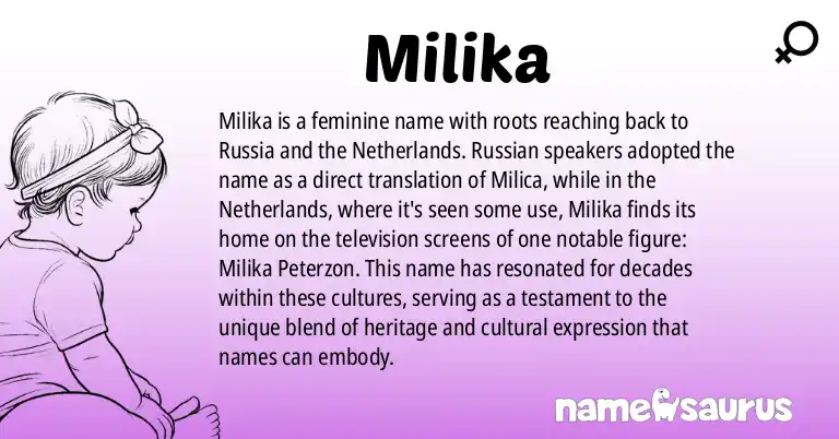 Infographic about Milika name meaning, Milika is a name from Russian, Dutch origin(s).