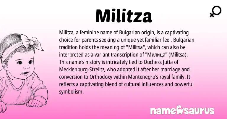 Infographic about Militza name meaning, Militza is a name from Bulgarian origin(s).