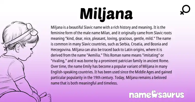 Infographic about Miljana name meaning, Miljana is a name from Roman, Slavic, English, Latin origin(s).