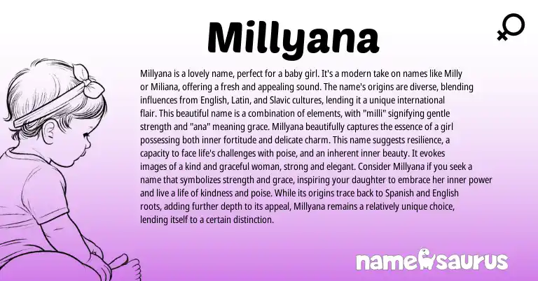 Infographic about Millyana name meaning, Millyana is a name from Latin, English, Slavic origin(s).