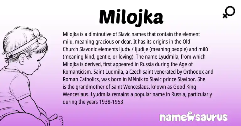 Infographic about Milojka name meaning, Milojka is a name from Slavic, Roman, Czech origin(s).