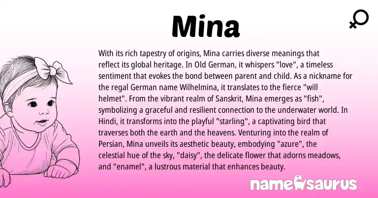 Infographic about Mina name meaning, Mina is a name from Hindi, Persian, Old German, German, Sanskrit origin(s).