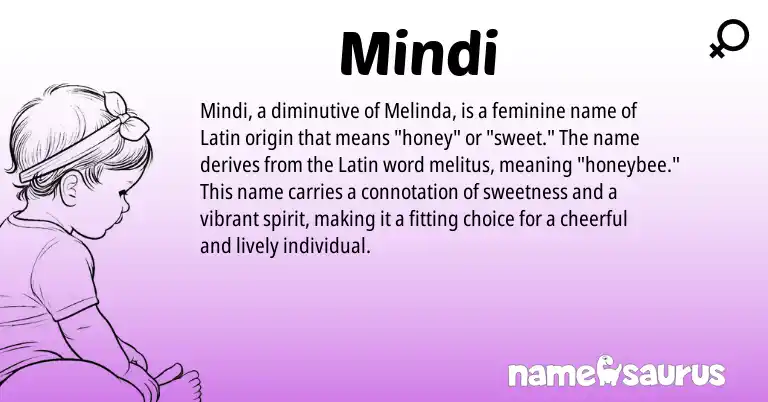 Infographic about Mindi name meaning, Mindi is a name from Latin origin(s).