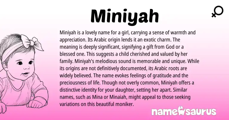 Infographic about Miniyah name meaning, Miniyah is a name from Arabic origin(s).