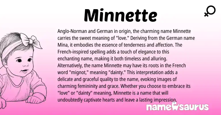 Infographic about Minnette name meaning, Minnette is a name from German, French, Anglo-Norman origin(s).
