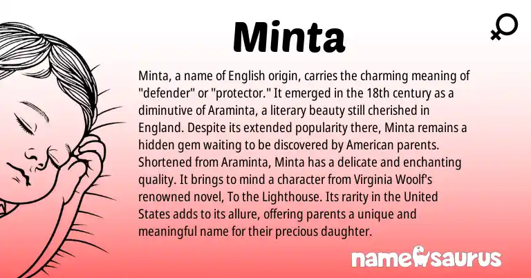 Infographic about Minta name meaning, Minta is a name from English, United States, American, England origin(s).
