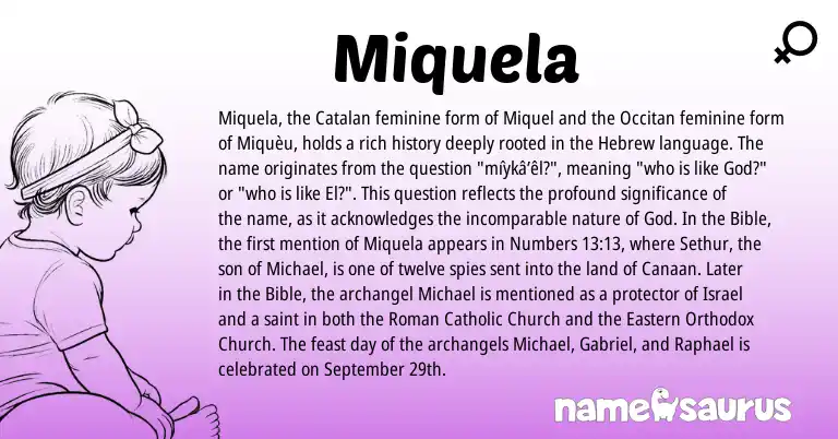 Infographic about Miquela name meaning, Miquela is a name from Roman, Occitan, Catalan, Hebrew origin(s).
