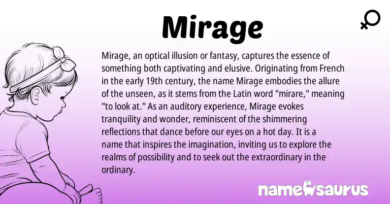 Infographic about Mirage name meaning, Mirage is a name from French, Latin origin(s).