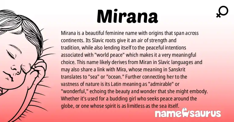 Infographic about Mirana name meaning, Mirana is a name from Slavic, Latin, Sanskrit origin(s).