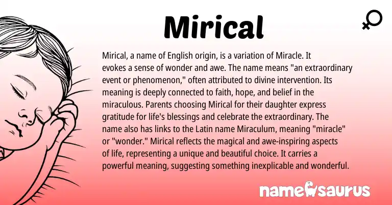 Infographic about Mirical name meaning, Mirical is a name from Latin, English origin(s).