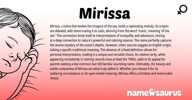 Infographic about Mirissa name meaning, Mirissa is a name from Latin origin(s).