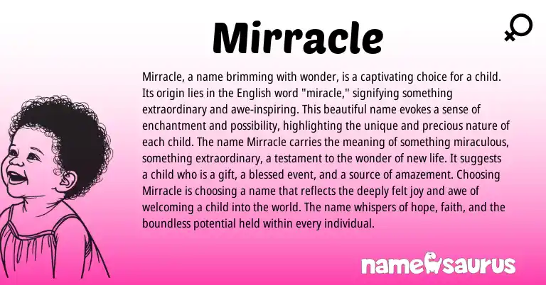 Infographic about Mirracle name meaning, Mirracle is a name from English origin(s).