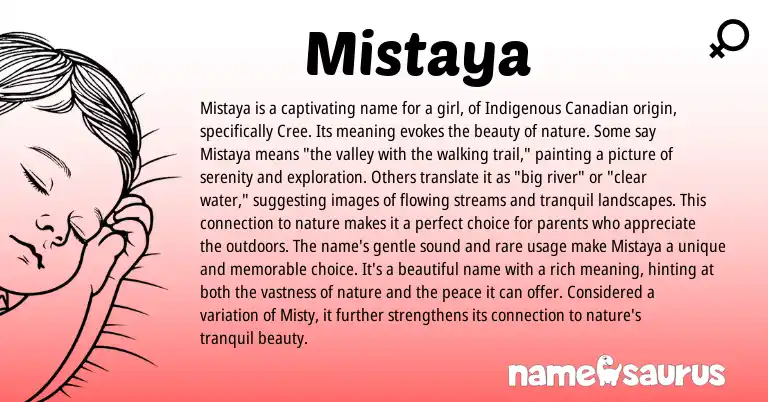 Infographic about Mistaya name meaning, Mistaya is a name from Cree, American origin(s).