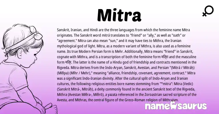 Infographic about Mitra name meaning, Mitra is a name from Iranian, Avestan, Persian, Hindi, Roman, Modern, Sanskrit, Hindu origin(s).