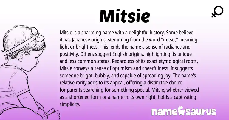 Infographic about Mitsie name meaning, Mitsie is a name from English, Japanese origin(s).