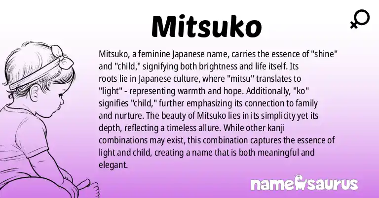 Infographic about Mitsuko name meaning, Mitsuko is a name from Japanese origin(s).