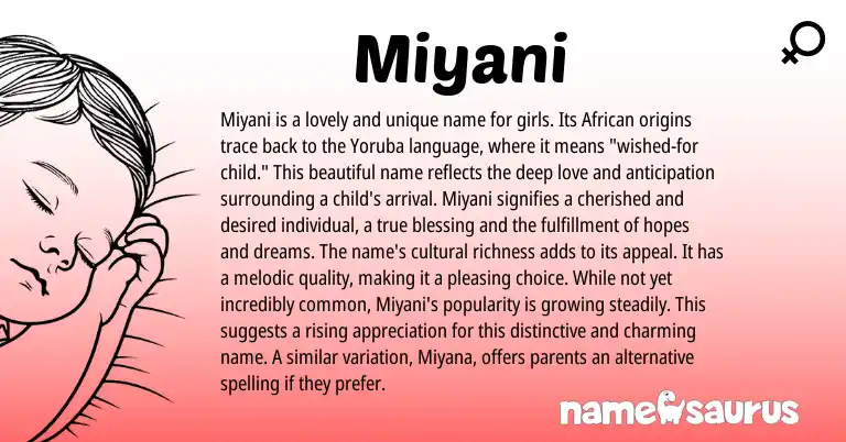 Infographic about Miyani name meaning, Miyani is a name from Yoruba, African origin(s).
