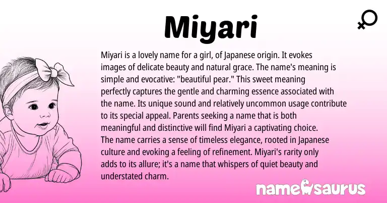 Infographic about Miyari name meaning, Miyari is a name from Japanese origin(s).