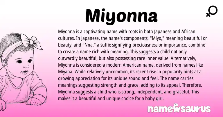 Infographic about Miyonna name meaning, Miyonna is a name from Japanese, African origin(s).