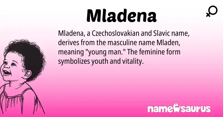 Infographic about Mladena name meaning, Mladena is a name from Slavic, Czechoslovakian origin(s).