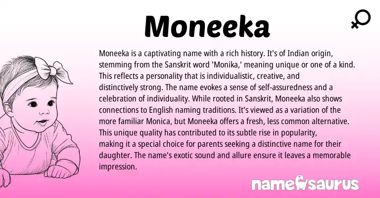 Infographic about Moneeka name meaning, Moneeka is a name from Indian, Sanskrit origin(s).