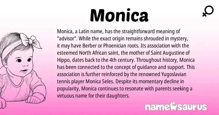 Infographic about Monica name meaning, Monica is a name from Berber, Phoenician, Latin, North African origin(s).