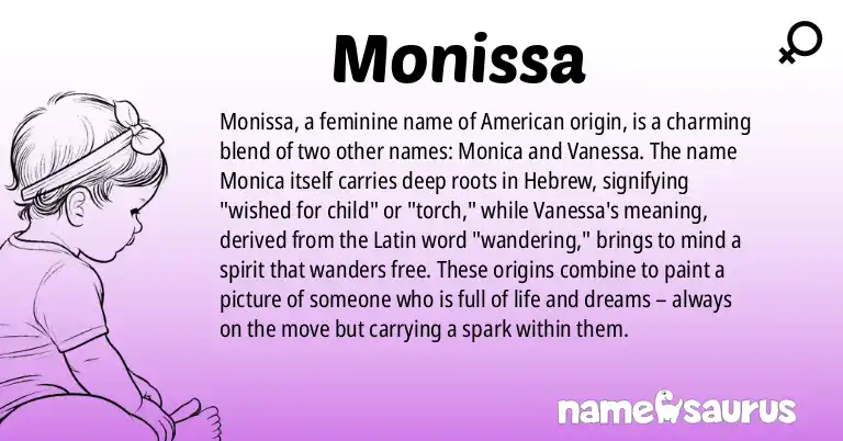 Infographic about Monissa name meaning, Monissa is a name from American origin(s).