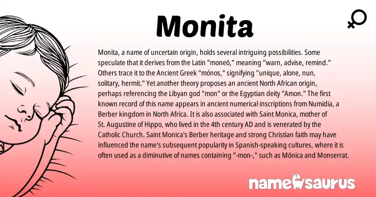 Infographic about Monita name meaning, Monita is a name from Ancient Greek, North Africa, Spanish, North African, Berber, Latin, Egyptian origin(s).