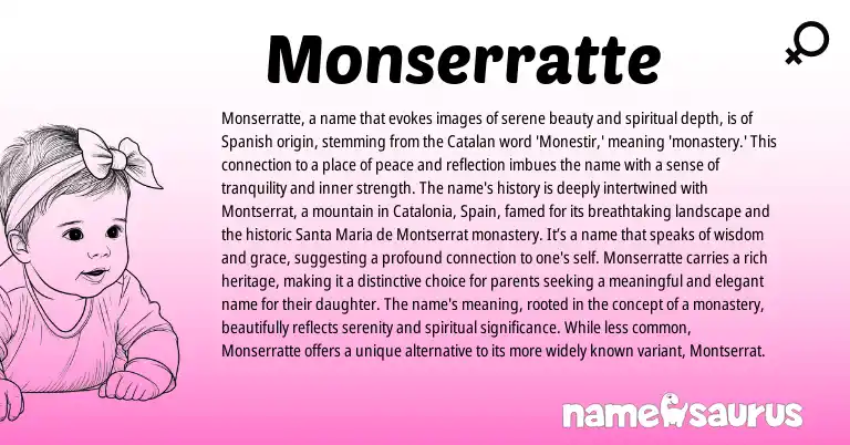 Infographic about Monserratte name meaning, Monserratte is a name from Catalan, Spanish origin(s).