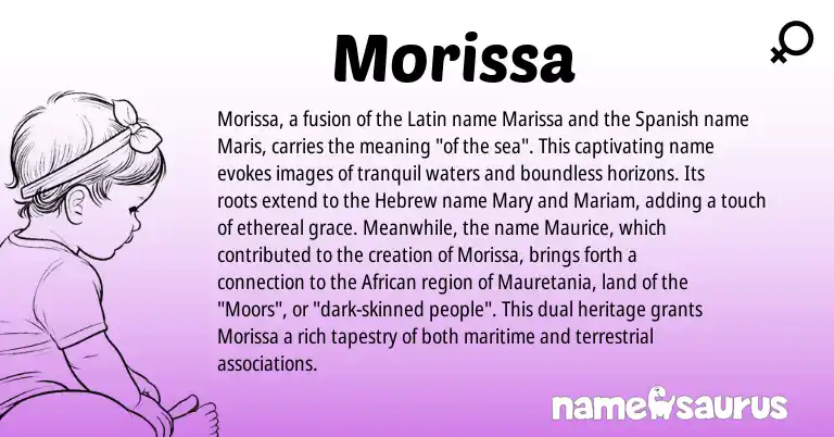 Infographic about Morissa name meaning, Morissa is a name from Spanish, Latin, African, Hebrew origin(s).