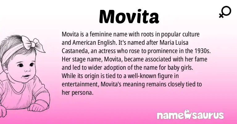 Infographic about Movita name meaning, Movita is a name from Popular Culture, English (American) origin(s).