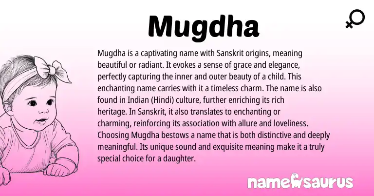 Infographic about Mugdha name meaning, Mugdha is a name from Sanskrit, Hindi origin(s).