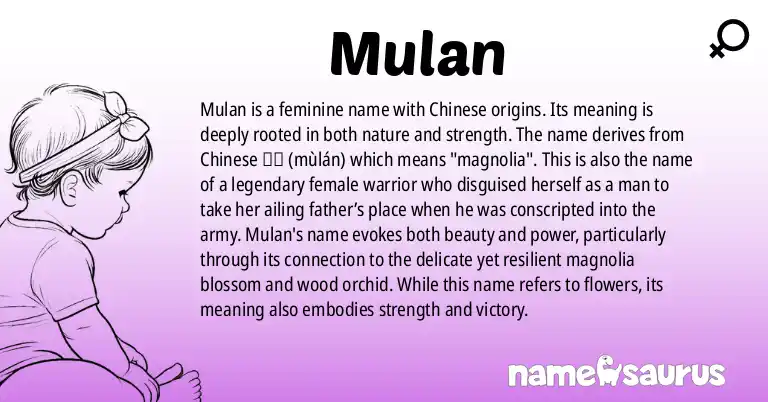 Infographic about Mulan name meaning, Mulan is a name from Chinese, Chinese Mythology origin(s).