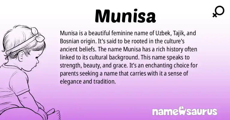 Infographic about Munisa name meaning, Munisa is a name from Uzbek, Tajik, Bosnian, Medieval Arabic origin(s).