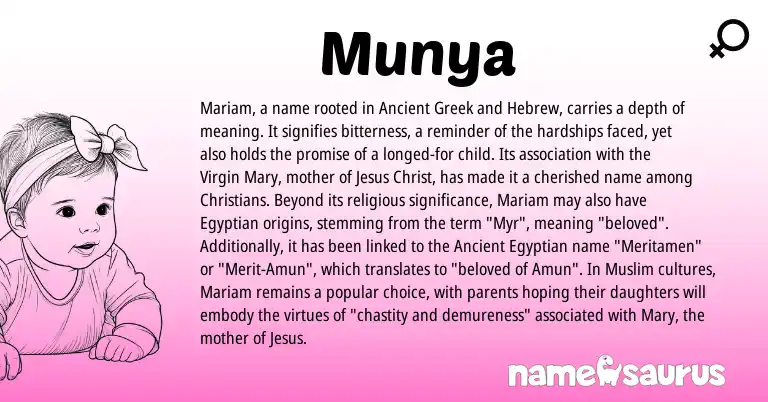 Infographic about Munya name meaning, Munya is a name from Ancient Greek, Ancient Egyptian, Egyptian, Hebrew, Muslim origin(s).