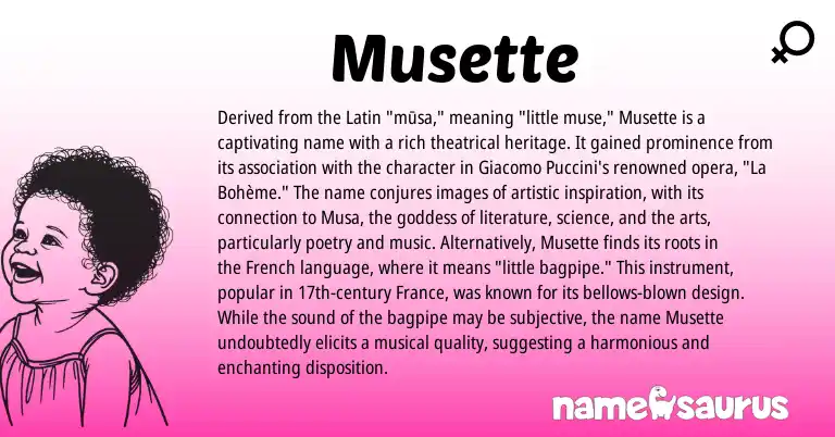 Infographic about Musette name meaning, Musette is a name from French, Latin origin(s).