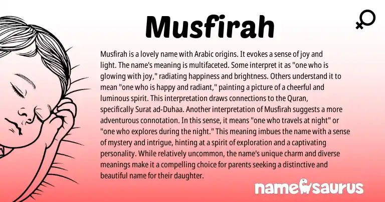 Infographic about Musfirah name meaning, Musfirah is a name from Arabic origin(s).