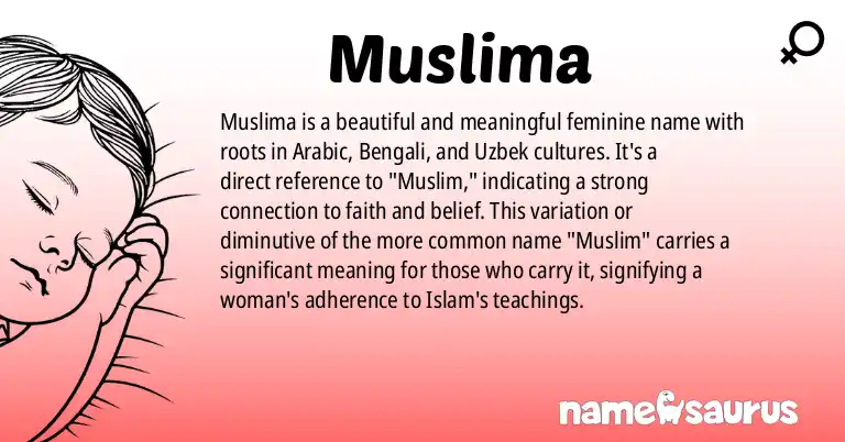 Infographic about Muslima name meaning, Muslima is a name from Arabic, Bengali, Uzbek origin(s).