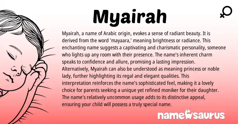 Infographic about Myairah name meaning, Myairah is a name from Arabic origin(s).