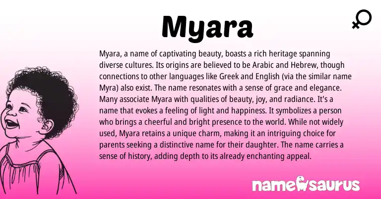 Infographic about Myara name meaning, Myara is a name from Hebrew, Arabic origin(s).