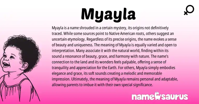 Infographic about Myayla name meaning, Myayla is a name from American origin(s).