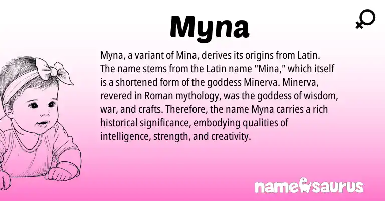 Infographic about Myna name meaning, Myna is a name from Roman, Latin origin(s).