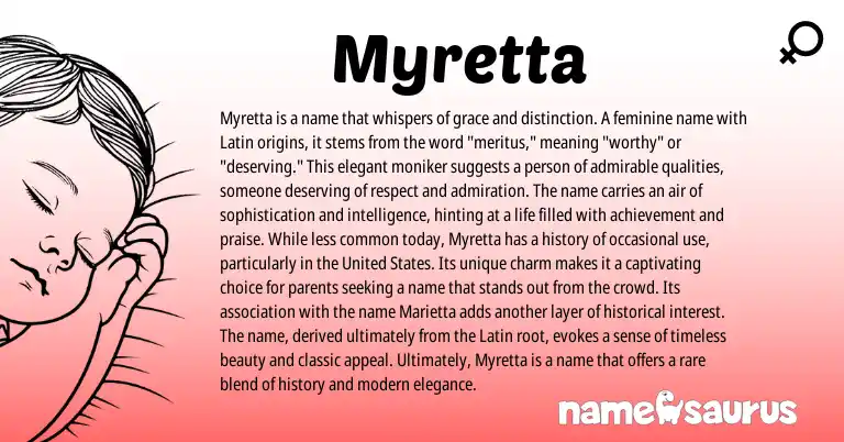 Infographic about Myretta name meaning, Myretta is a name from Latin origin(s).