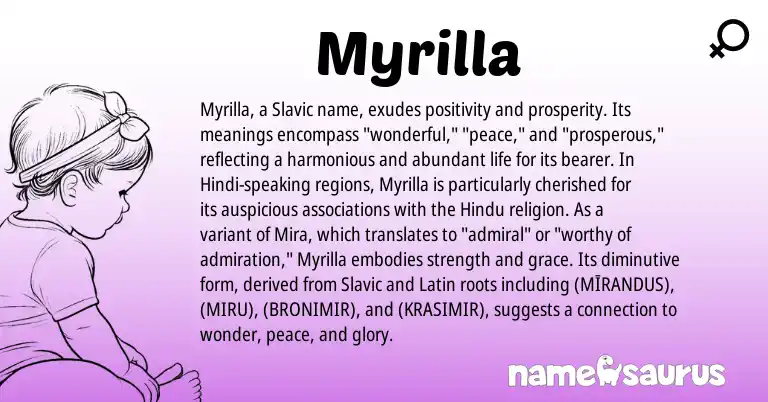 Infographic about Myrilla name meaning, Myrilla is a name from Slavic, Latin, Hindi, Hindu origin(s).