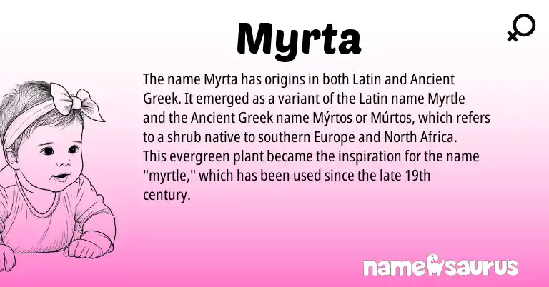 Infographic about Myrta name meaning, Myrta is a name from Ancient Greek, North Africa, Latin origin(s).